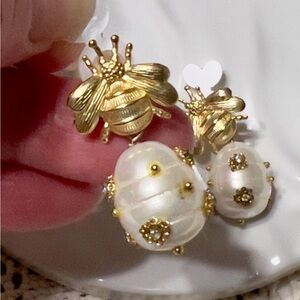Gold Bee & Hive Faux Pearl Drop Earrings | Costume Jewelry Support Backs